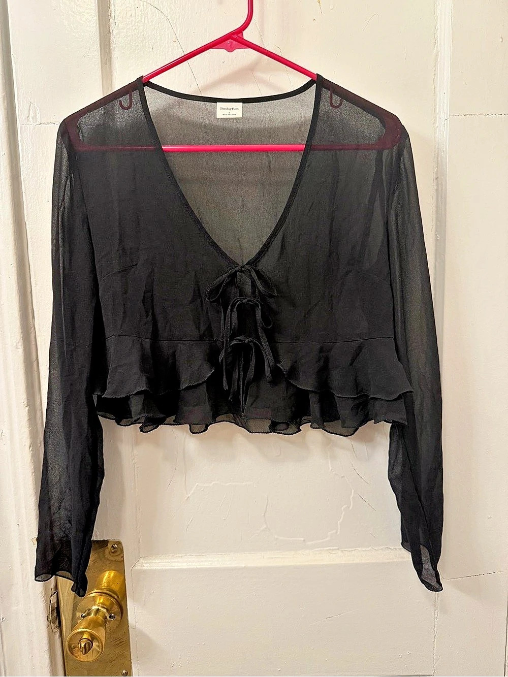 Black Sheer Tie-Front Ruffle Blouse Like New